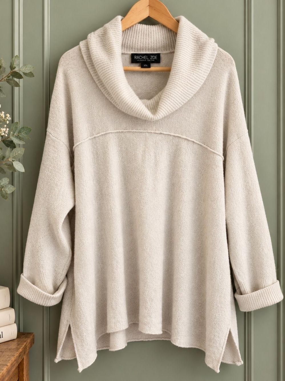 Rachel Zoe 3X Wool Blend Cowl Neck Oversized Tunic Sweater Cream